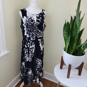 Studio One Navy & Ivory Floral Sleeveless Dress Pleated Flowy Skirt Women's SZ L